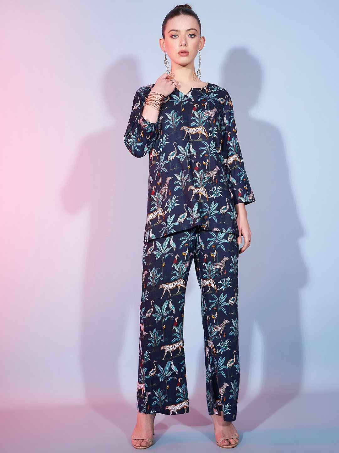 

DressBerry Teal Blue Conversational Printed V-Neck Top with Mid-Rise Trouser, Navy blue