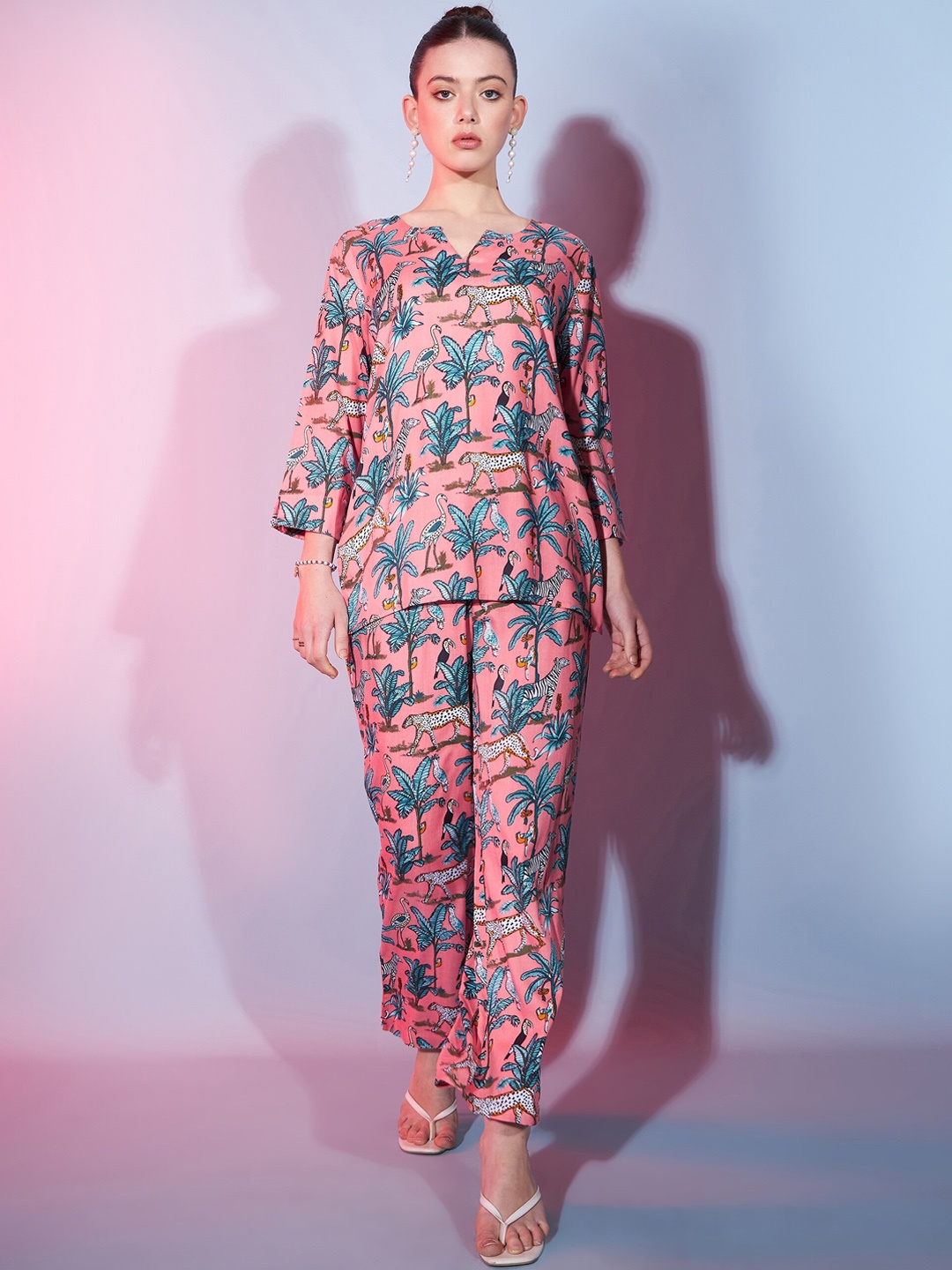 

DressBerry Printed V-Neck Top with Mid-Rise Trouser Co-Ords, Pink