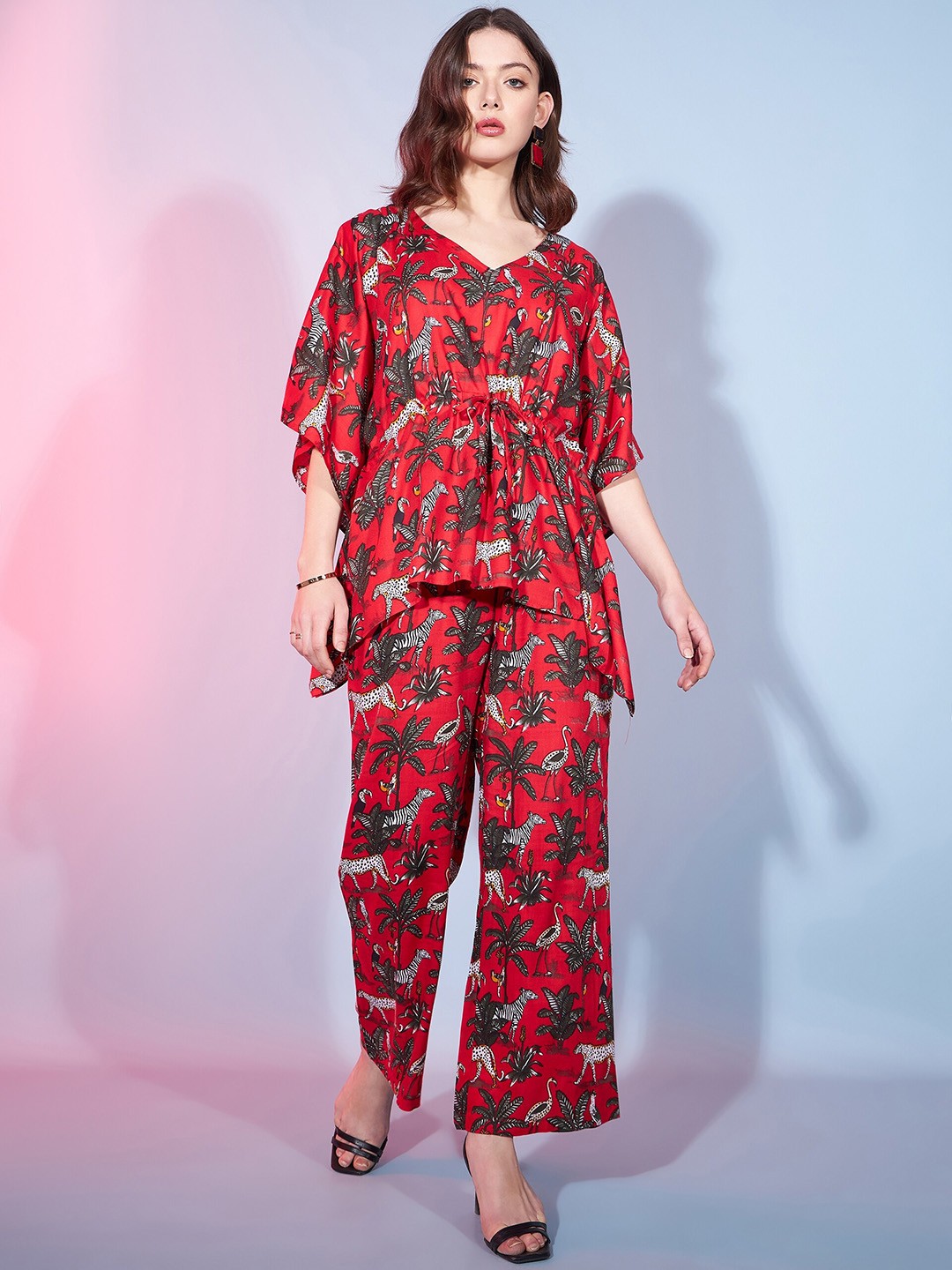 

DressBerry Red Conversational Printed V-Neck Kaftan Top With Trouser
