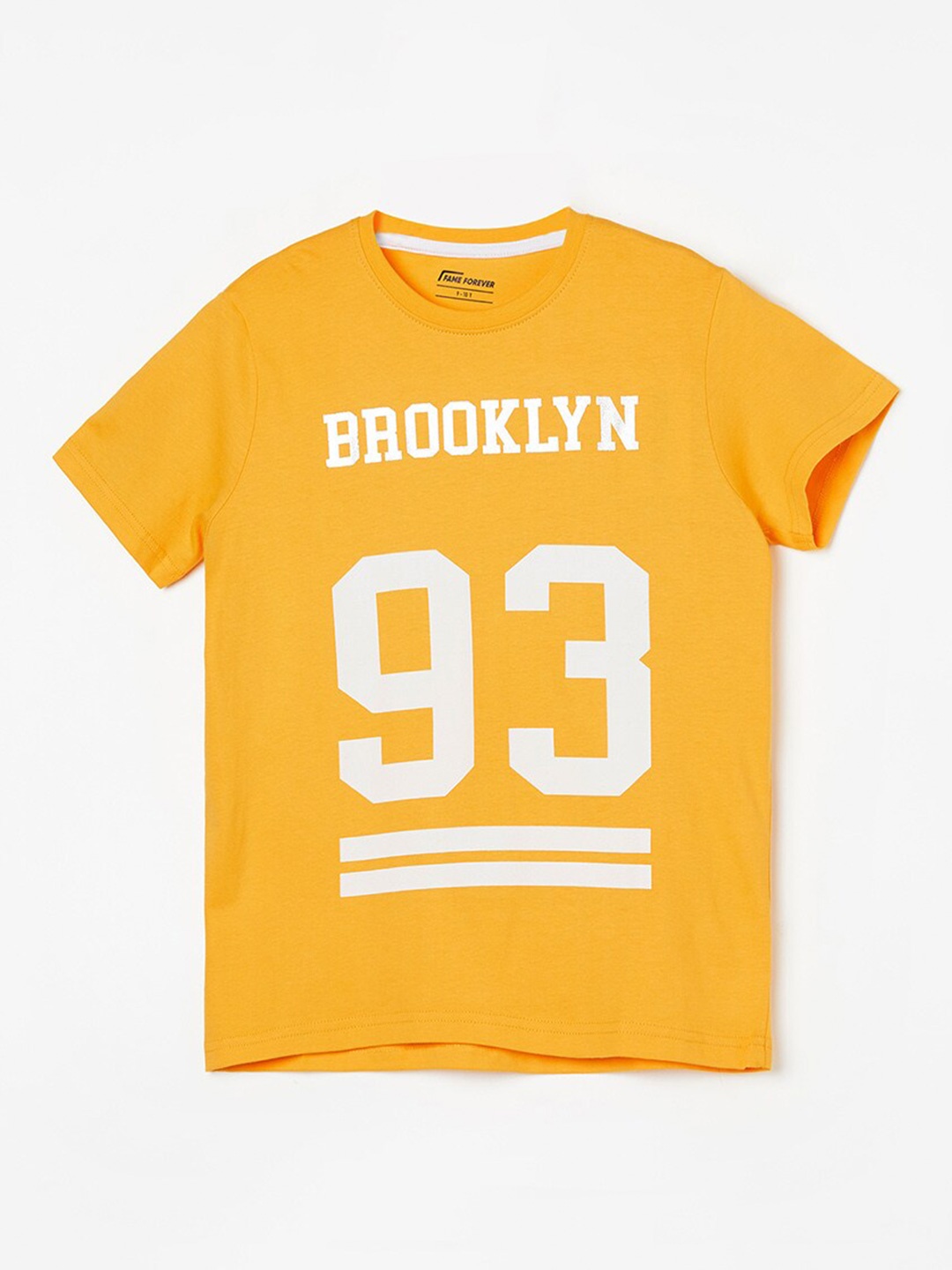 

Fame Forever by Lifestyle Boy Abstract High Neck Short Sleeves Indigo Cotton T-shirt, Mustard