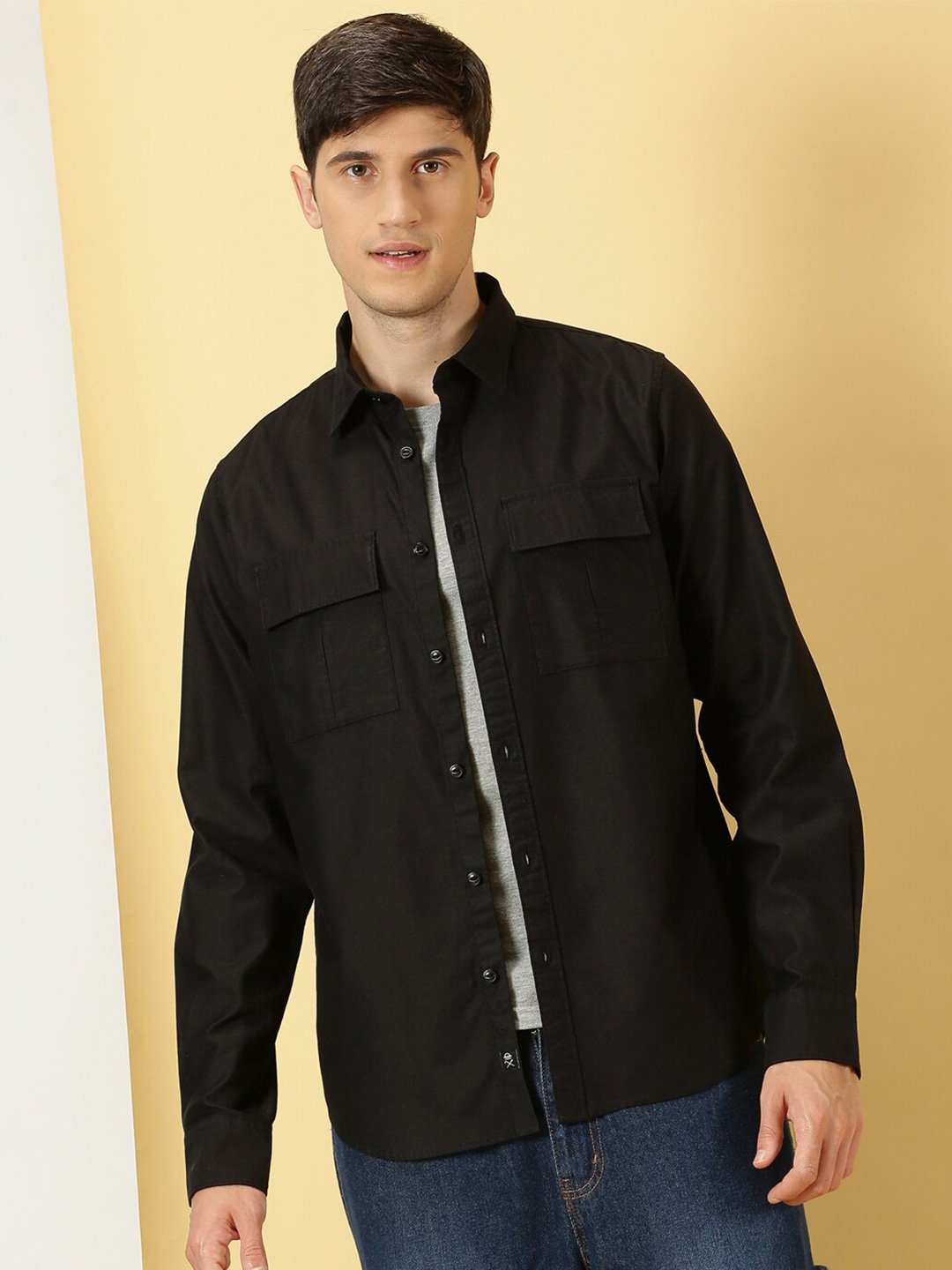 

Thomas Scott Classic spread collar Long Sleeves Slim Fit Casual Cotton Shirt, Black