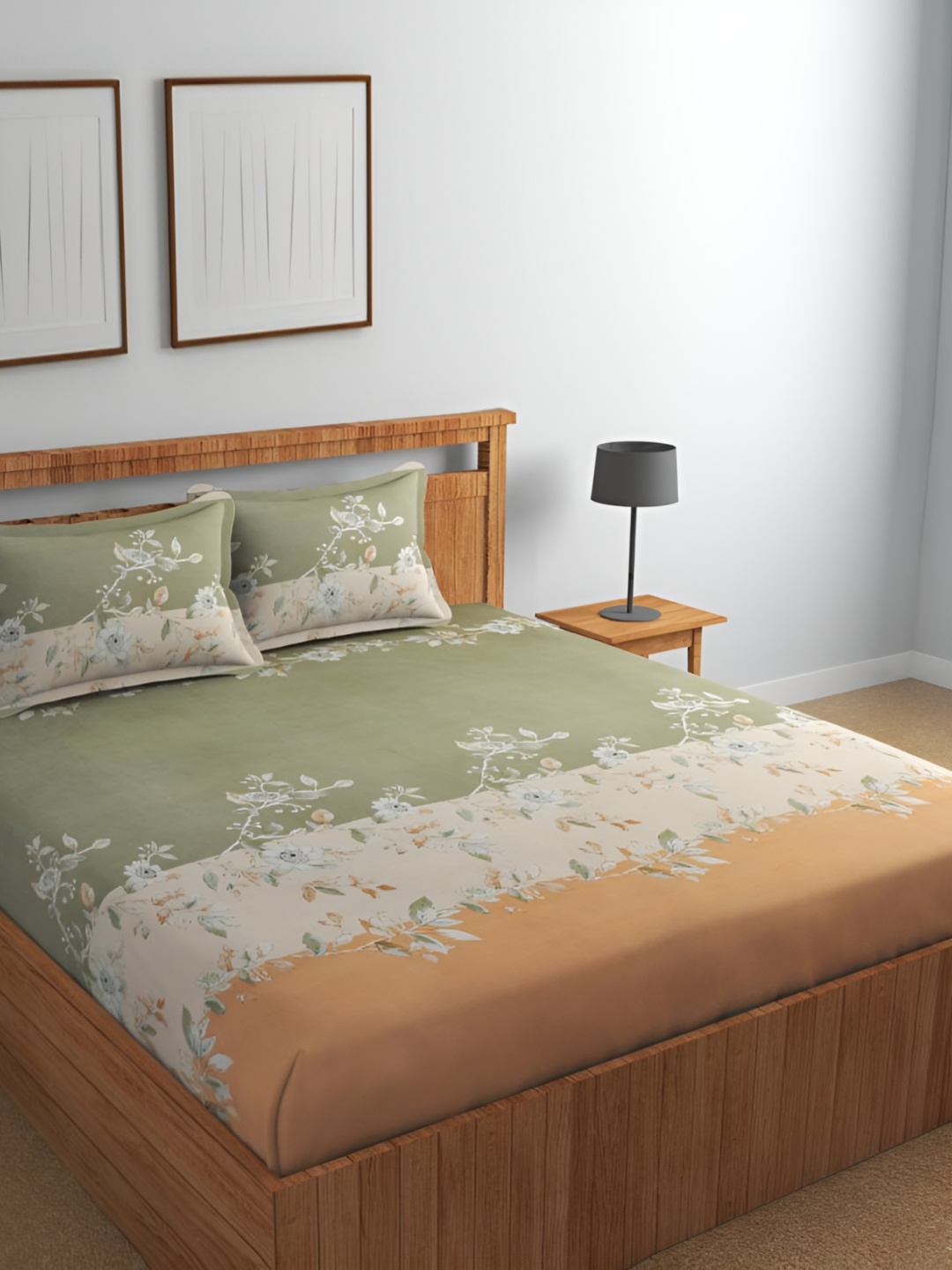 

Florida Green & White Floral Cotton 180 TC Fitted Queen Bedsheet with 2 Pillow Covers