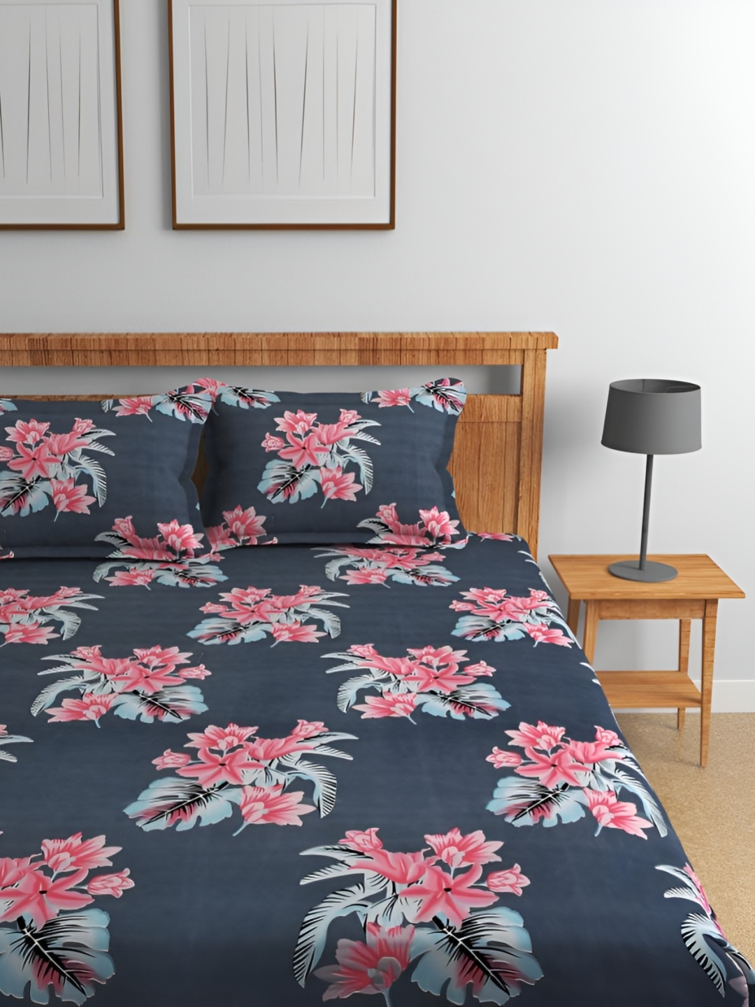 

Florida Blue & Red Floral Cotton 180 TC Queen Fitted Bedsheet with 2 Pillow Covers