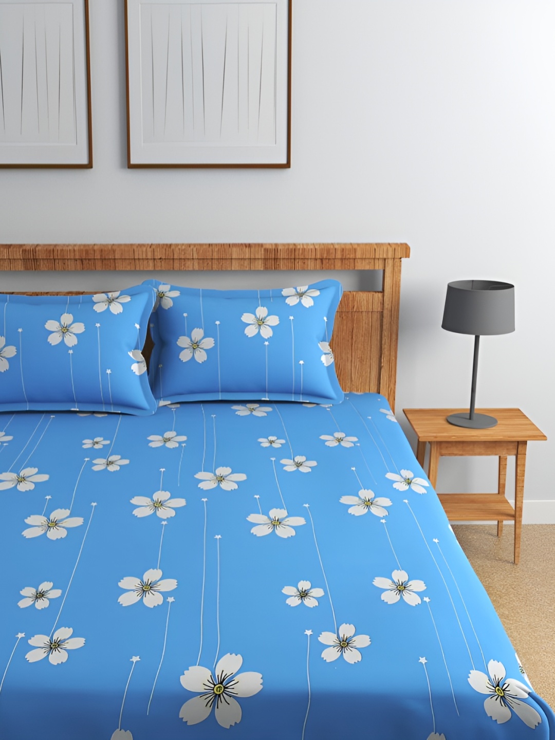 

Florida Blue & White Floral Cotton 180 TC Queen Fitted Bedsheet with 2 Pillow Covers