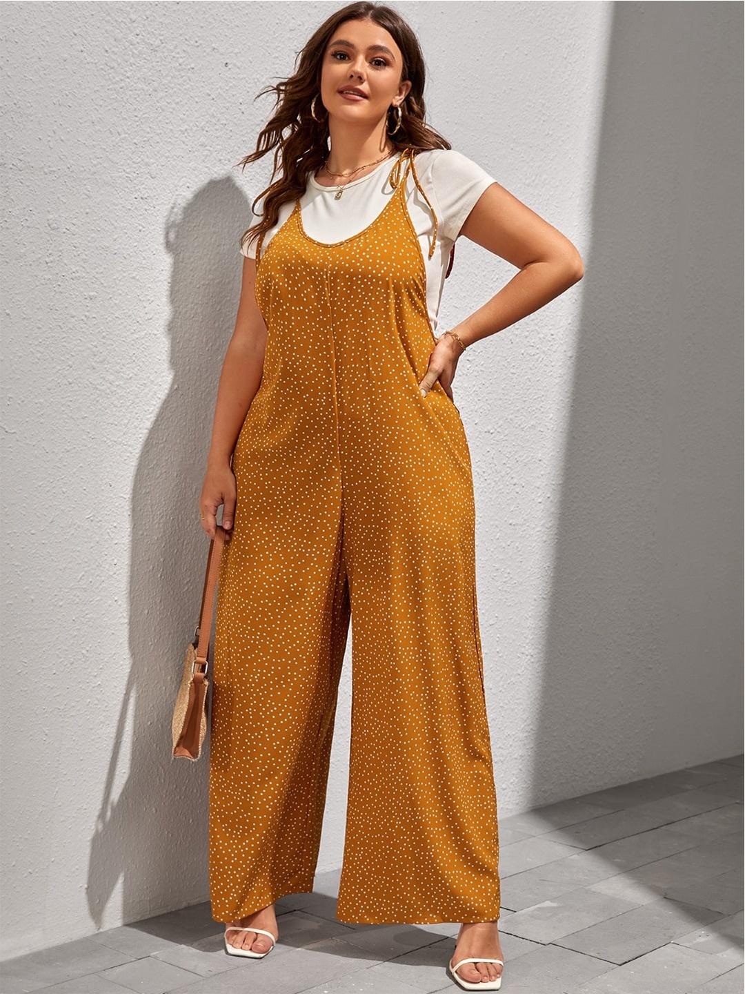 

Stylecast X KPOP Orange Polka Dots Printed Sleeveless Basic Jumpsuit