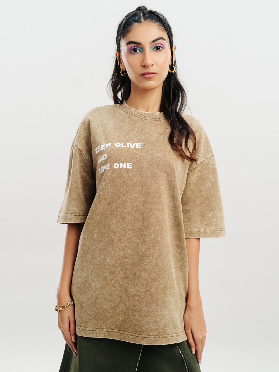 

FREAKINS Round Neck Cotton Oversized Casual T-shirt, Green