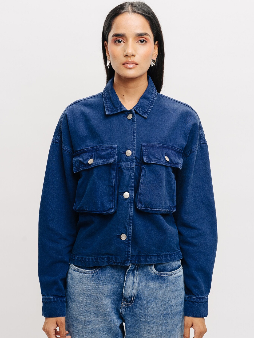 

FREAKINS Navy Blue Spread Collar Oversized Denim Jacket