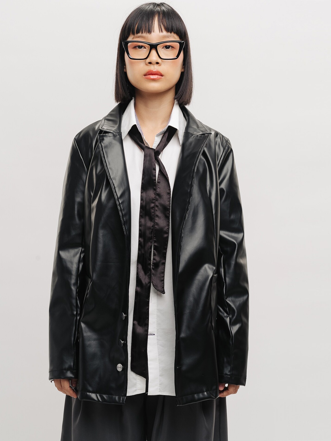 

FREAKINS Black Lapel Collar Leather Jacket