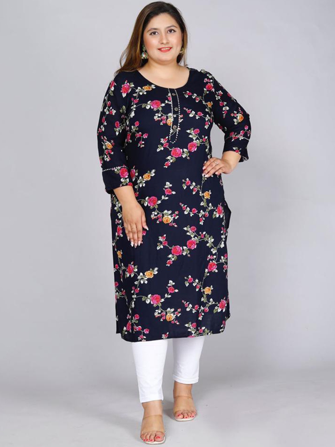 PUMPUI Floral Printed Straight Kurta, Blue