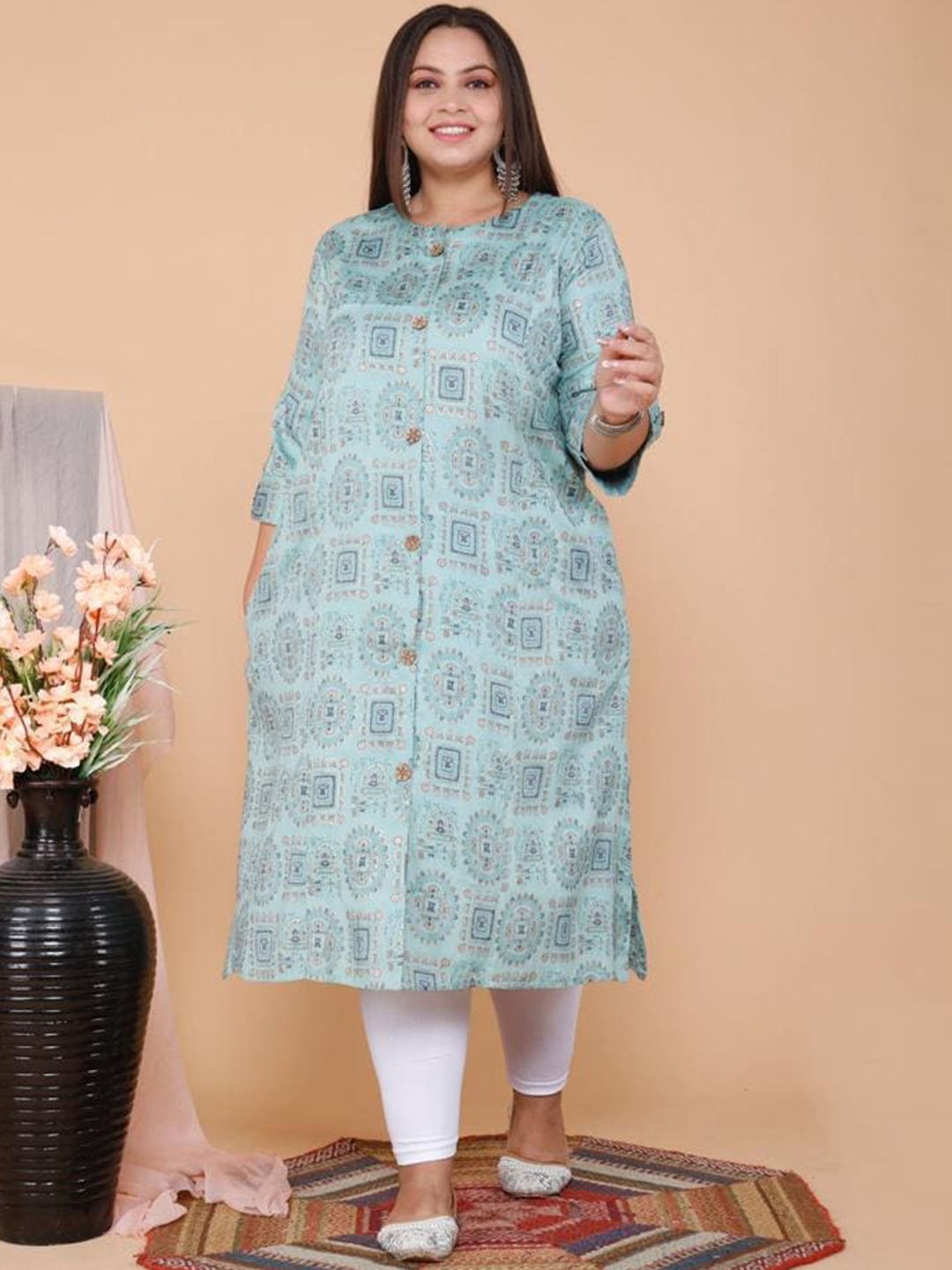 

PUMPUI Ethnic Motifs Foil Printed A Line Kurta, Blue