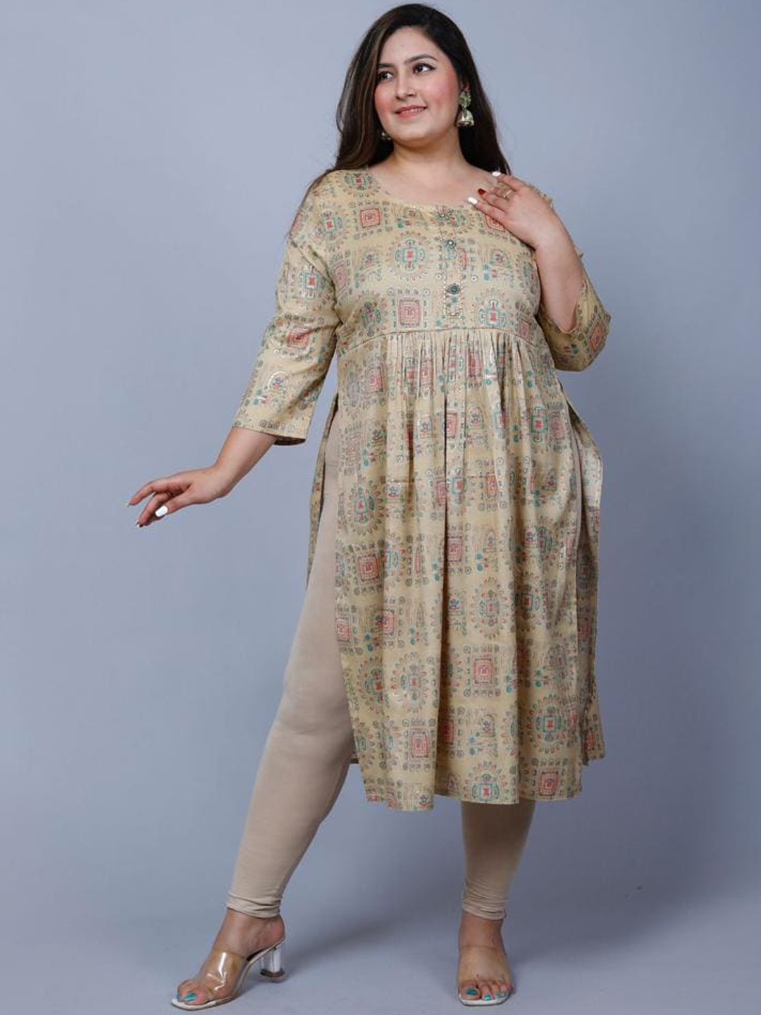 

PUMPUI Ethnic Motifs Printed Round Neck Kurta, Beige