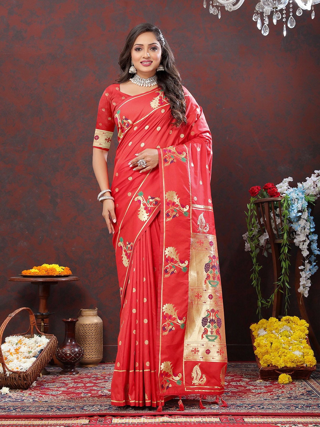 

JATRIQQ Woven Design Zari Art Silk Paithani Saree With Tassels, Red