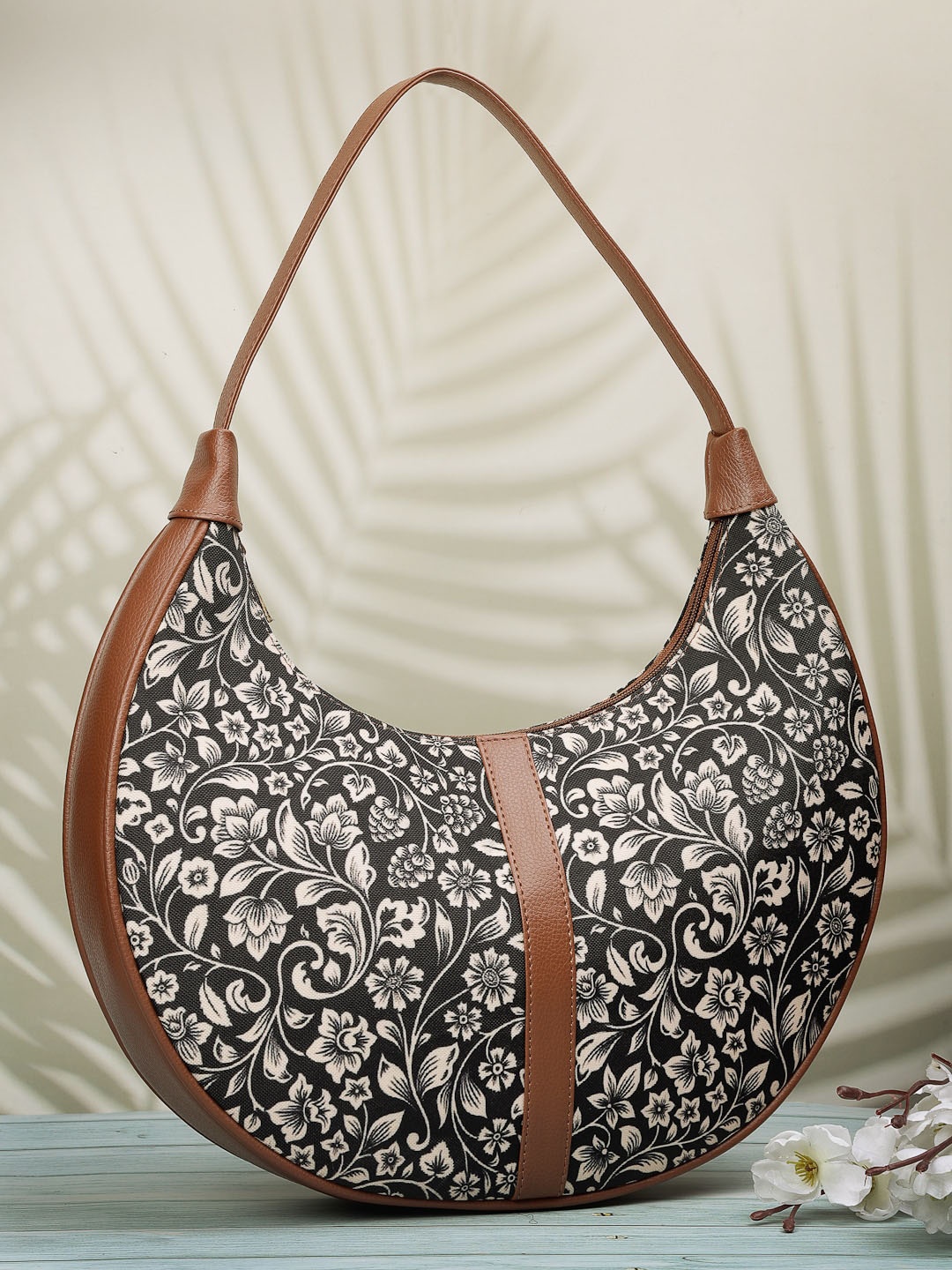 

Anouk Tan-Coloured Floral Printed Half Moon Hobo Bag