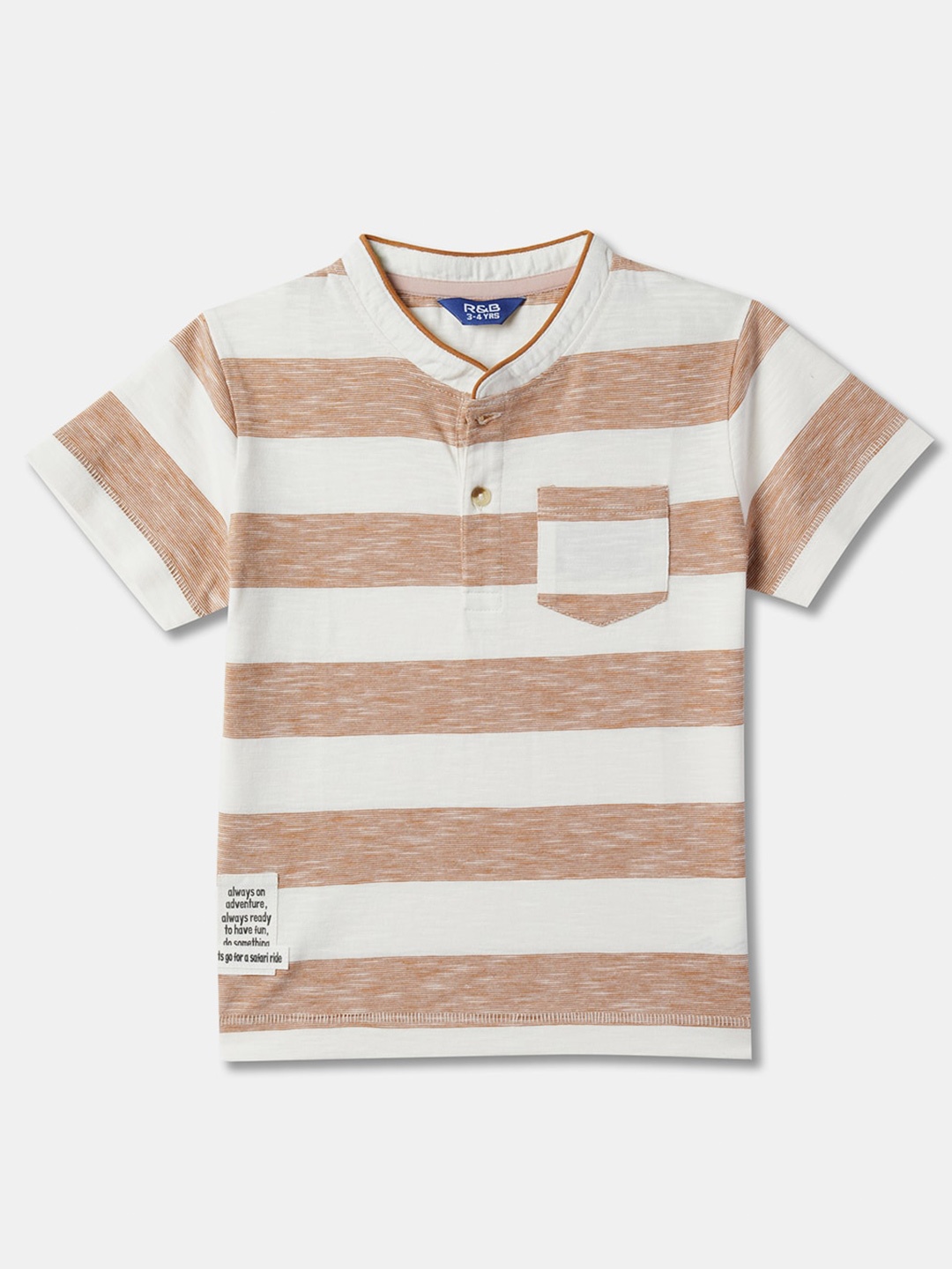

R&B Boys Striped Henley Neck Relaxed Fit Cotton T-shirt, Brown
