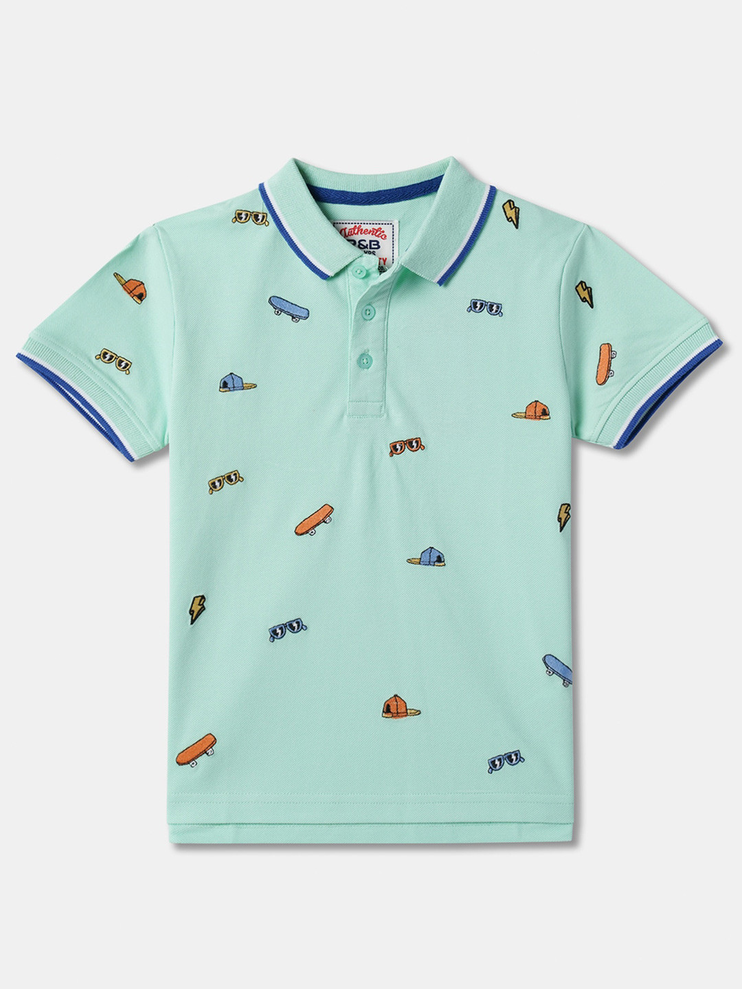 

R&B Boys Conversational Printed Polo Collar Relaxed Fit Cotton T-shirt, Green