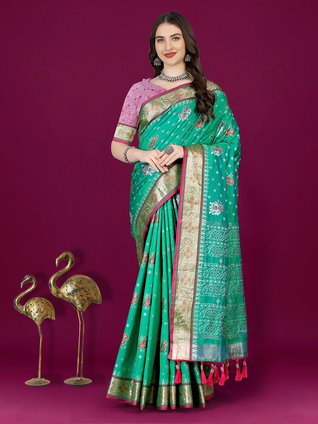 

JATRIQQ Ethnic Motifs Woven Design Zari Patola Saree, Teal