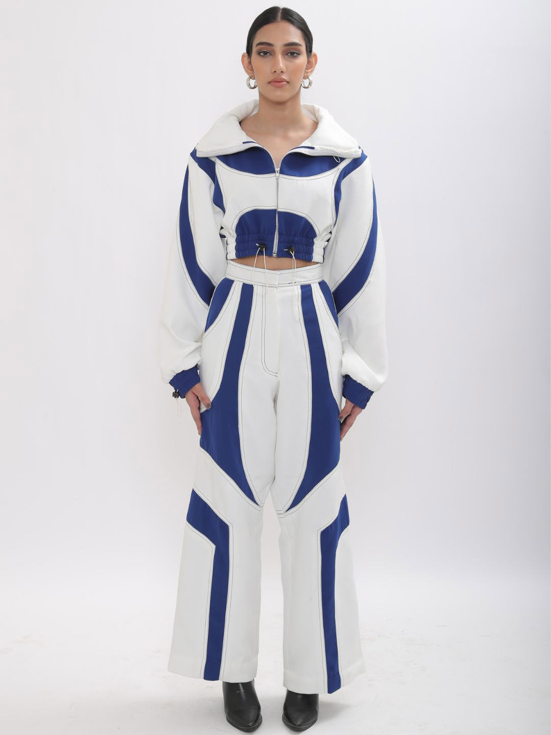 

JENN Colourblocked Crop Bomber Jacket, White