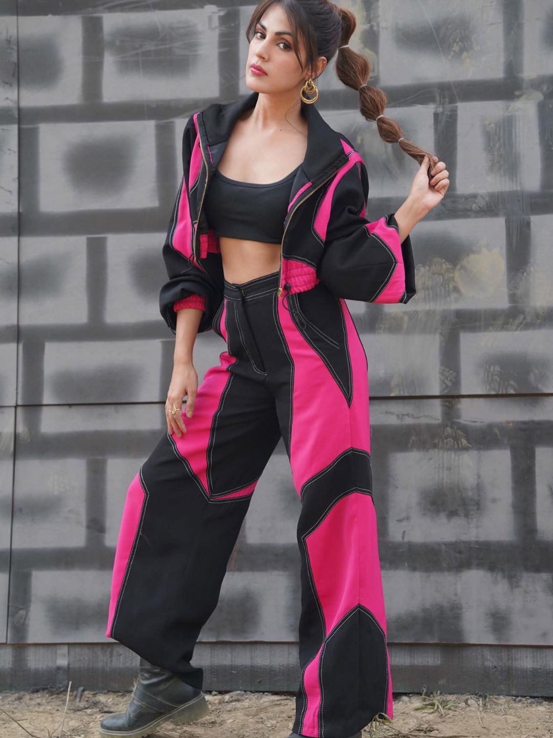 

JENN Colourblocked Crop Bomber Jacket, Black