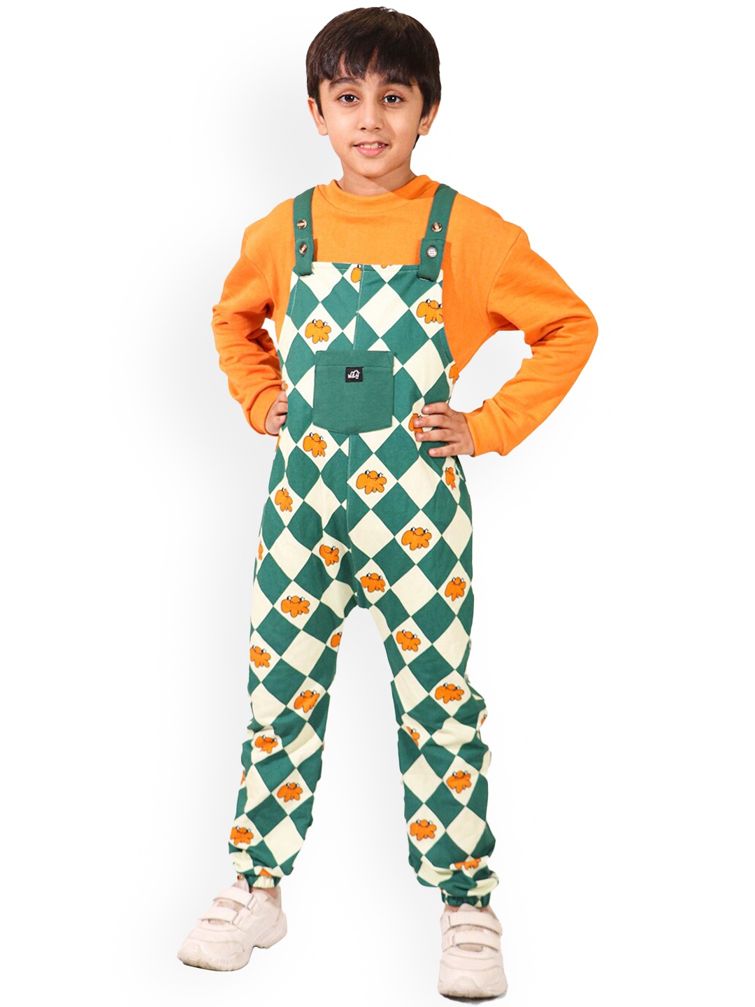 

Whistle & Hops Kids Checked Pure Cotton Dungaree With Sweatshirt, Orange