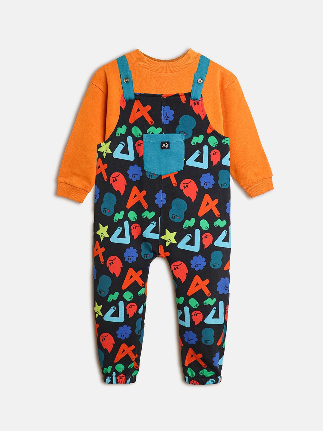 

Whistle & Hops Kids Geometric Alphabet Printed Pure Cotton Dungaree, Orange