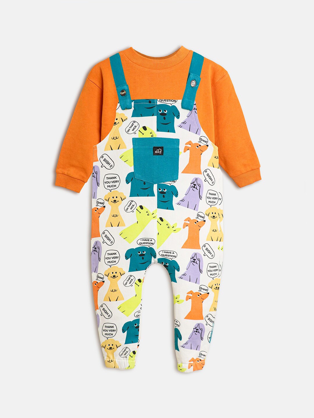 

Whistle & Hops Kids Conversational Printed Pure Cotton Dungaree With Sweatshirt, Orange