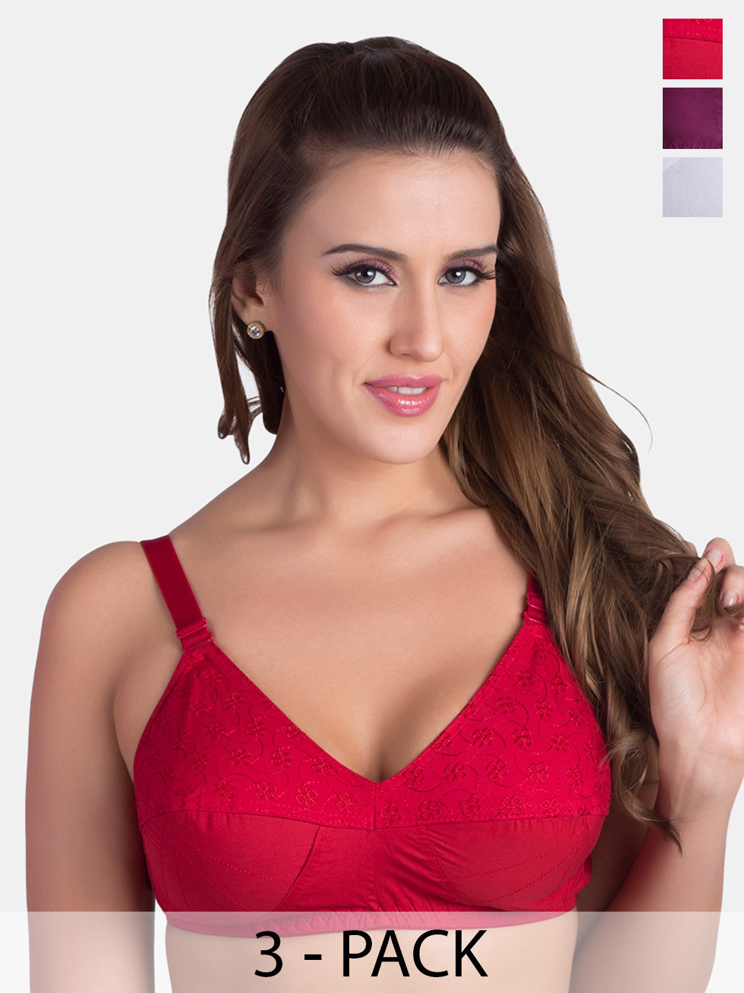 

Rajnie Pack Of 3 Self Design Full Coverage Cotton Bra All Day Comfort, Red
