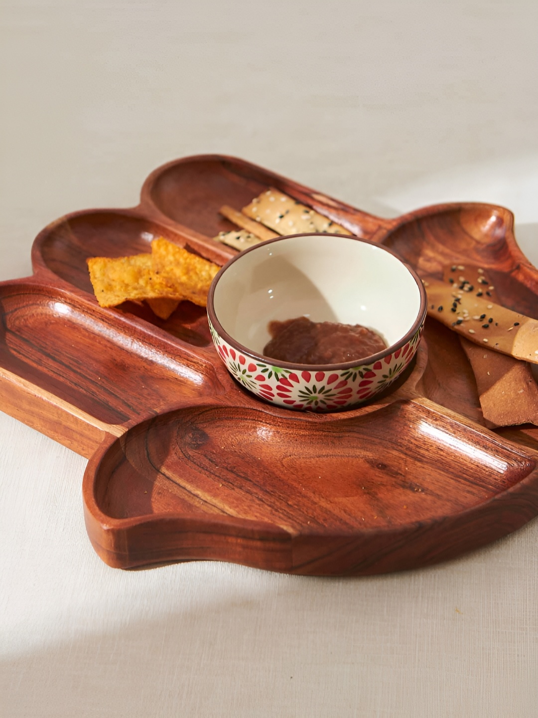 

Chumbak Cream & Red Wooden Easy to Clean Dip Bowl Platter