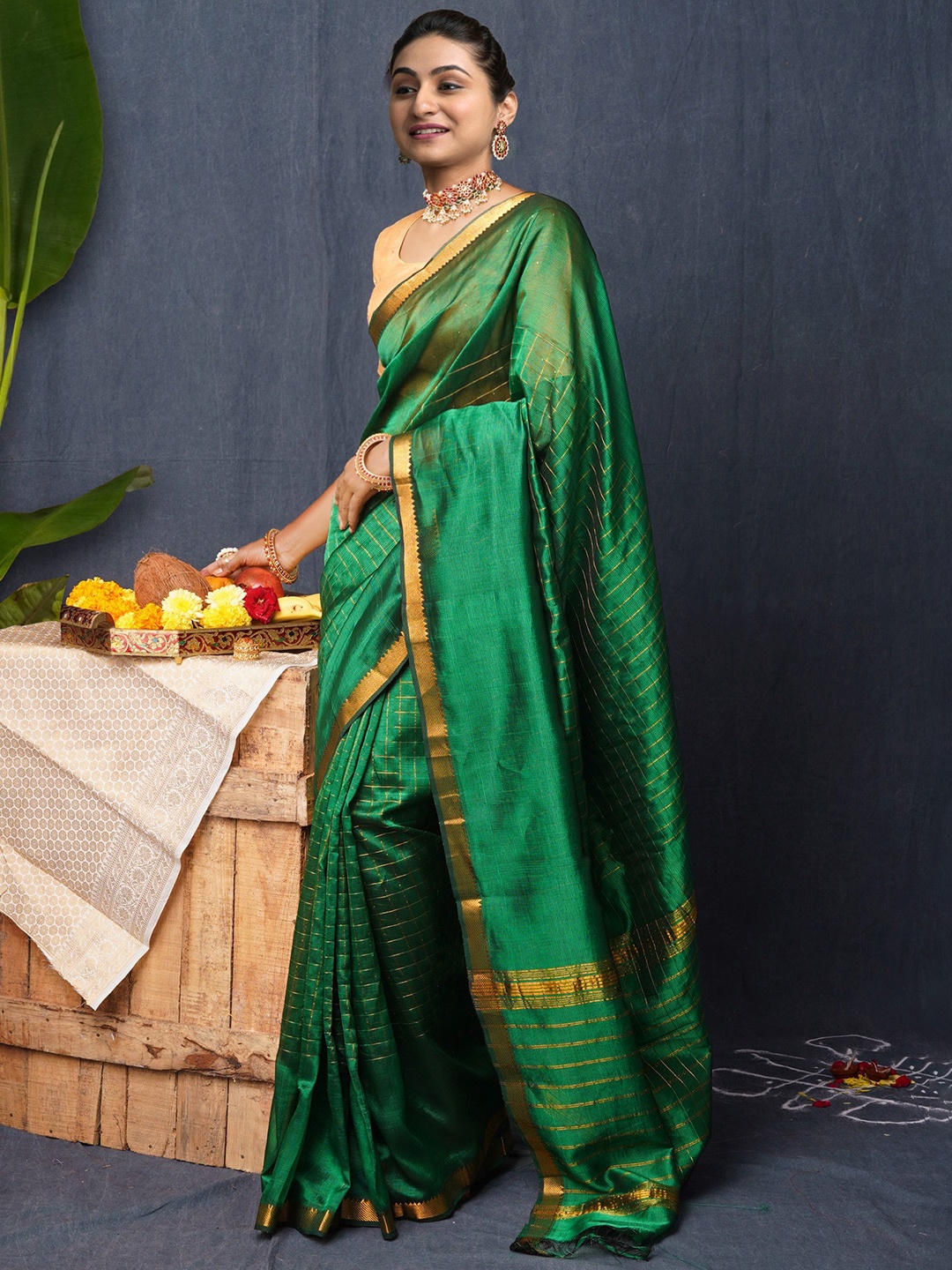 

Unnati Silks Woven Design Zari Mangalagiri Saree, Green