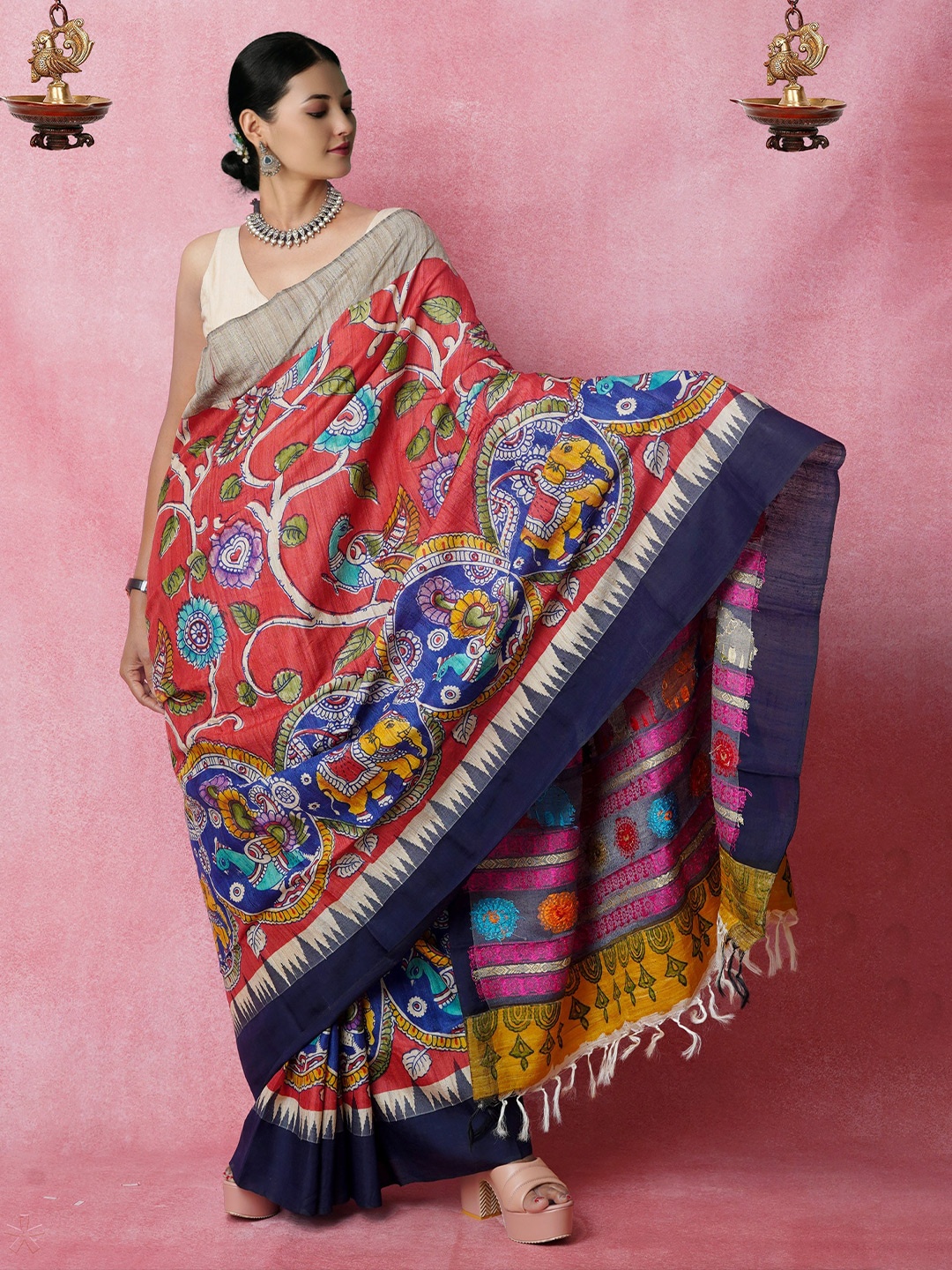 

Unnati Silks Kalamkari Handloom Pure Silk Tussar Saree, Red