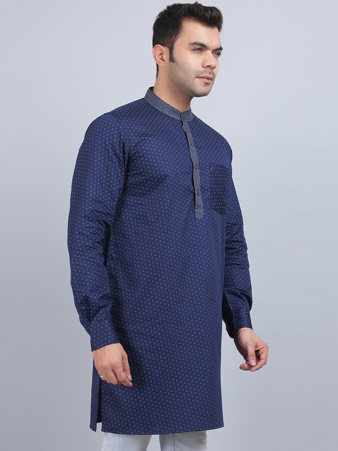 

Spring Soul Floral Printed Band Collar Cotton Straight Kurta, Navy blue