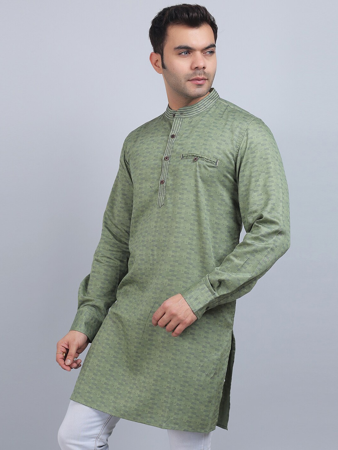 

Spring Soul Geometric Printed Band Collar Cotton Straight Kurta, Olive