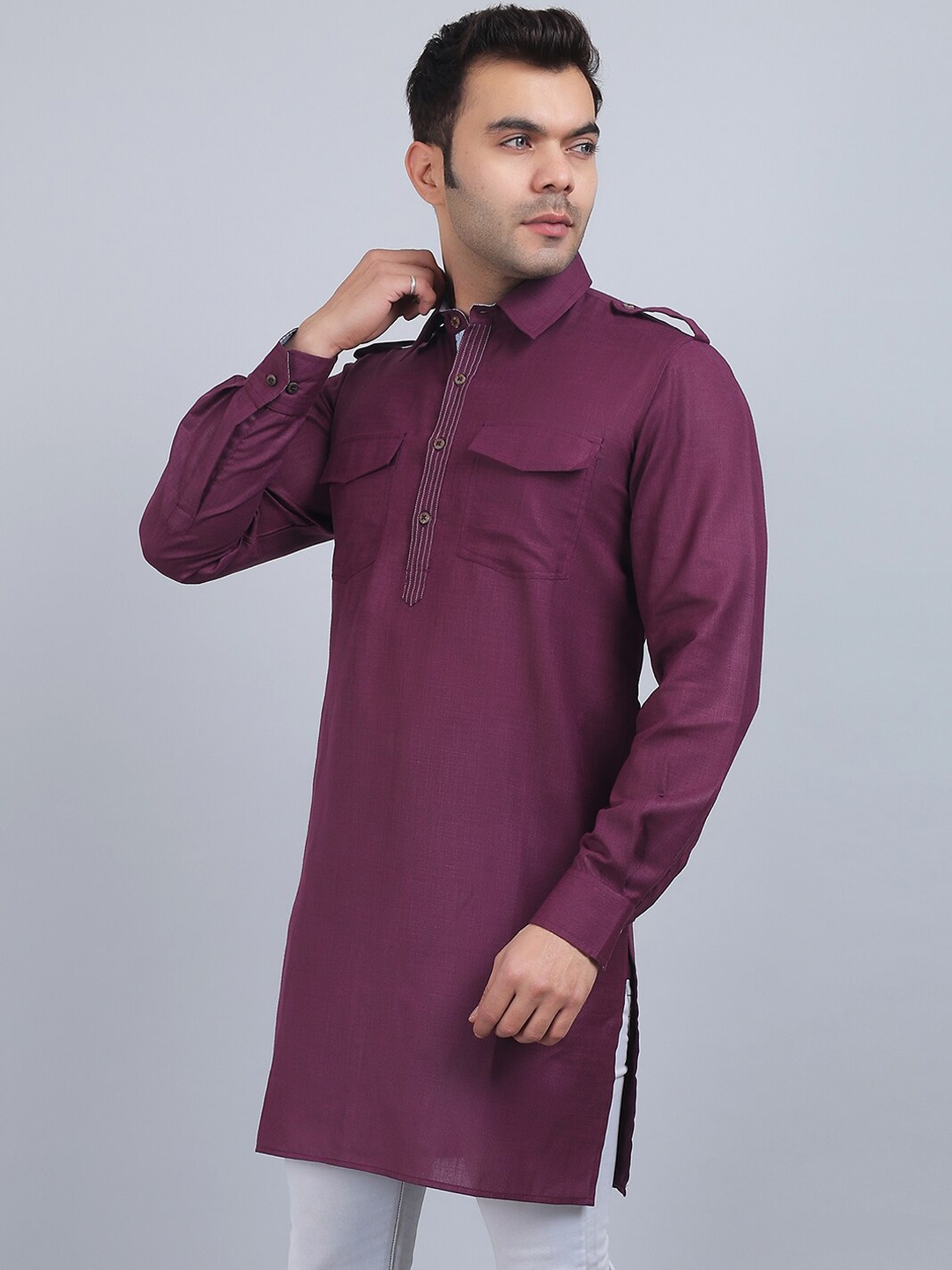 

Spring Soul Shirt Collar Cotton Pathani Kurta, Purple