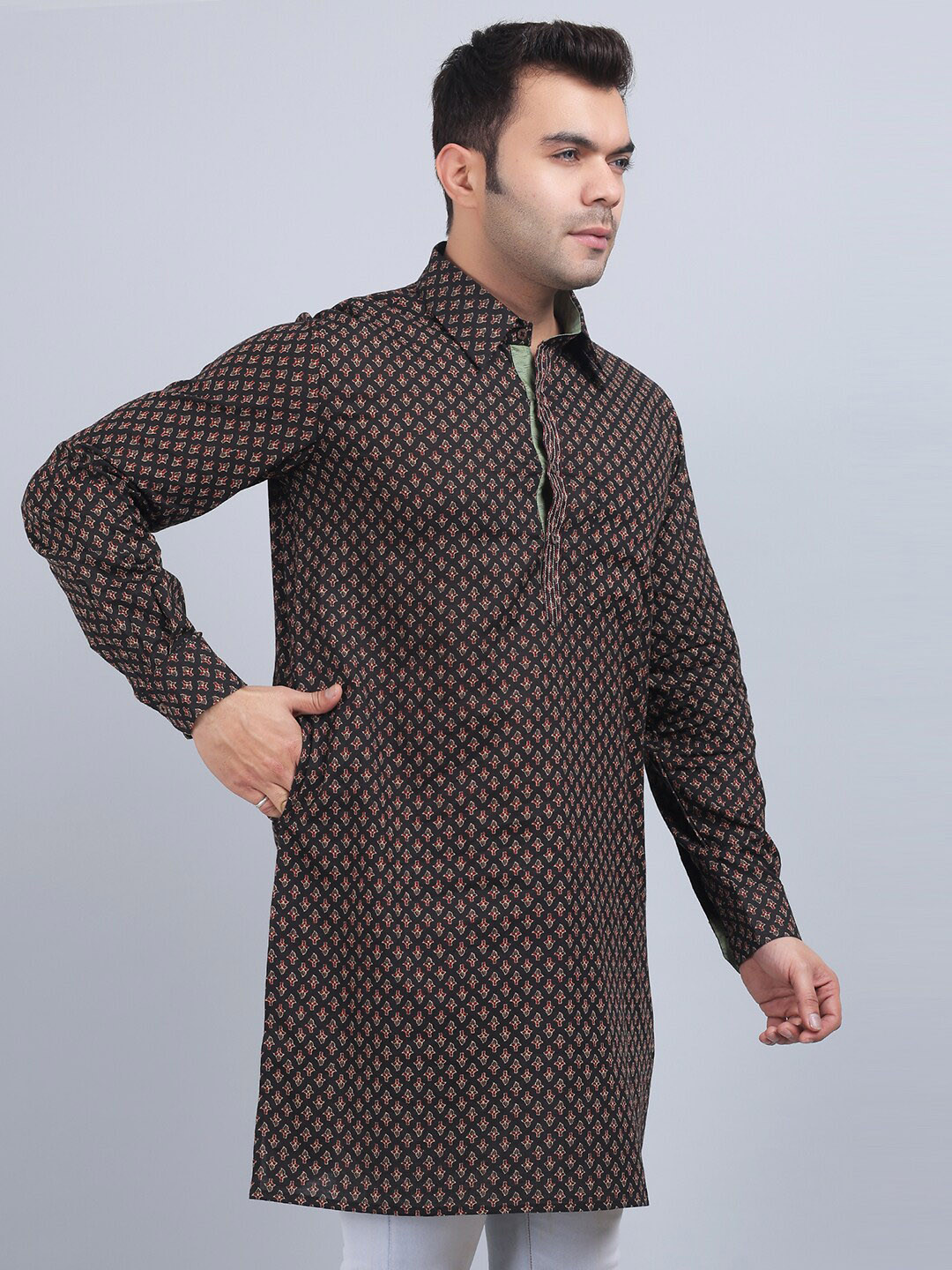 

Spring Soul Geometric Printed Shirt Collar Cotton Straight Kurta, Brown