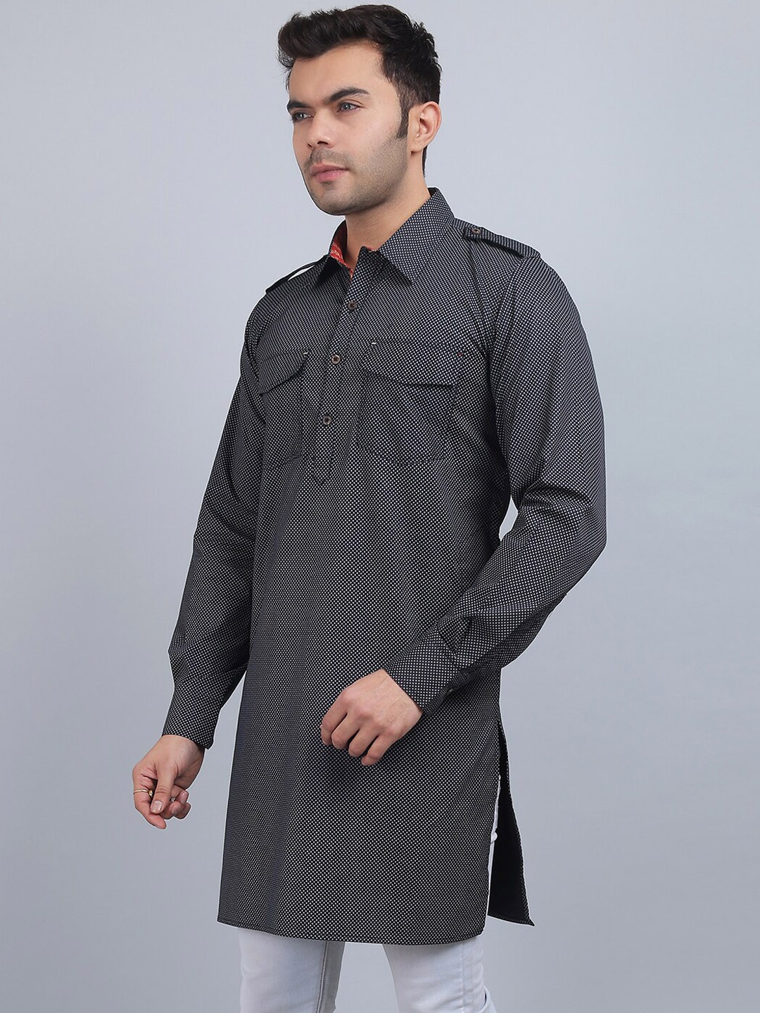 

Spring Soul Geometric Printed Shirt Collar Cotton Pathani Kurta, Black