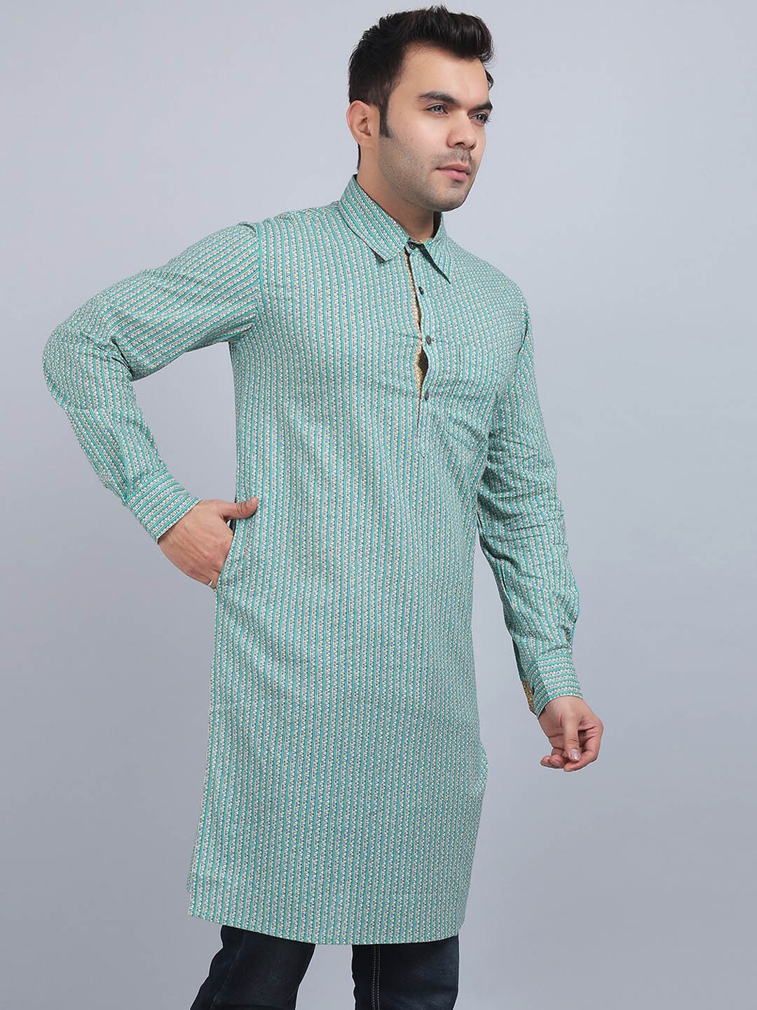 

Spring Soul Striped Shirt Collar Cotton Straight Kurta, Green