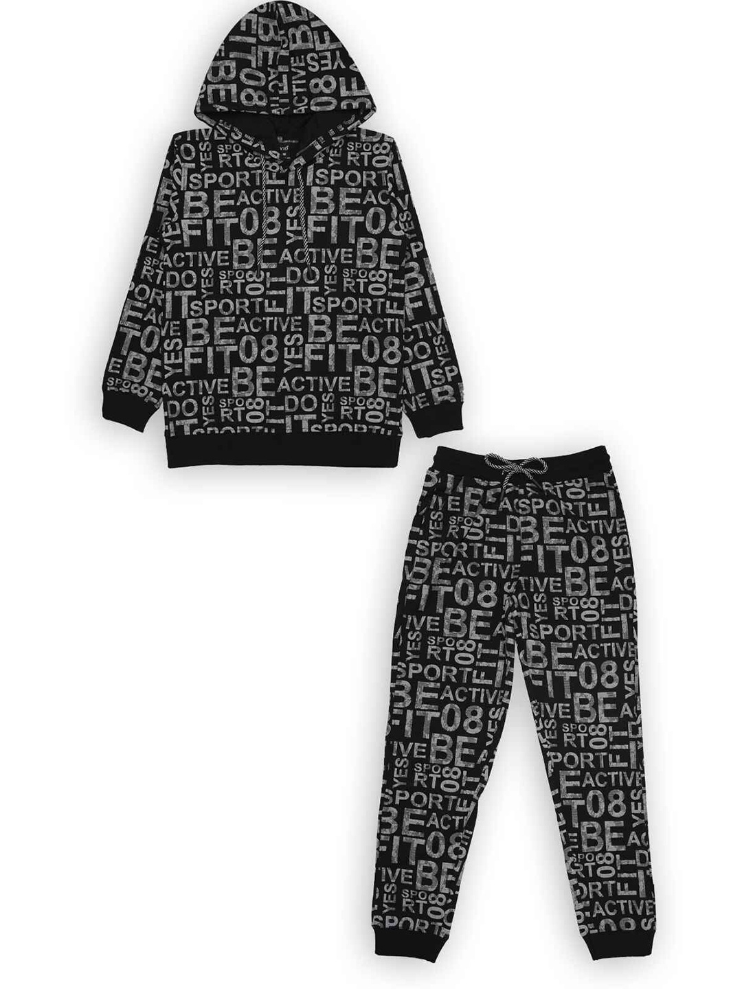 

CAVIO Boys Typography Printed Hooded Neck Long Sleeves Pure Cotton T-shirt With Pyjamas, Black