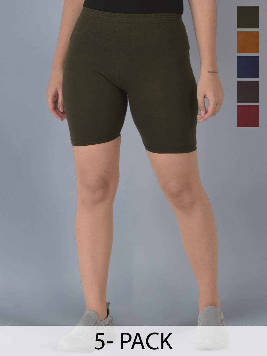 

Dollar Missy Pack of 5 Women Cotton Cycling Shorts, Olive