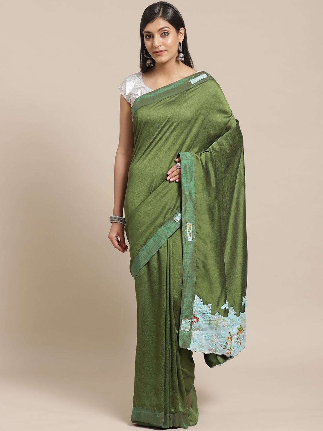 

KALINI Floral Embroidered Satin Saree, Green