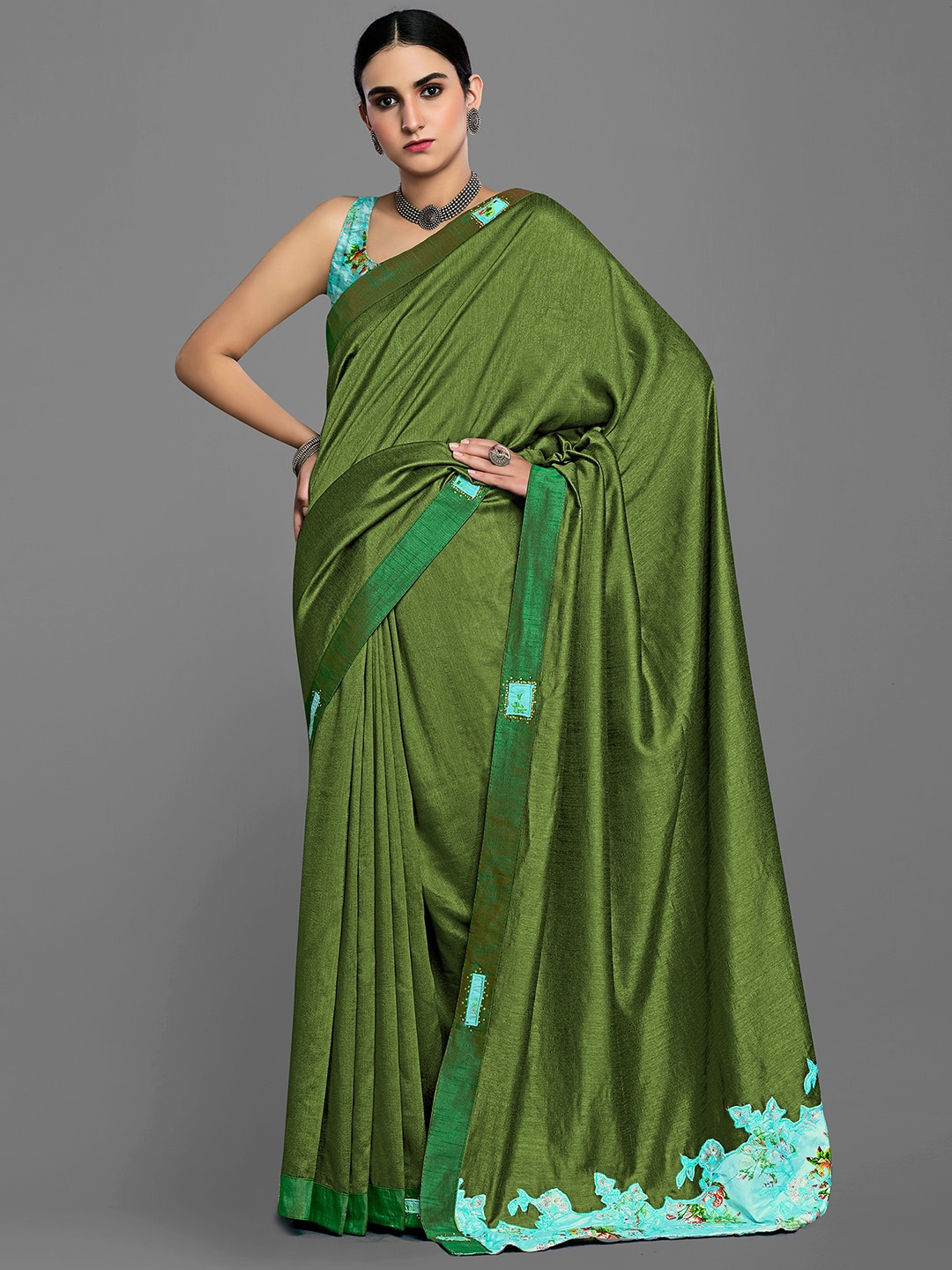 

KALINI Floral Embroidered Satin Saree, Green