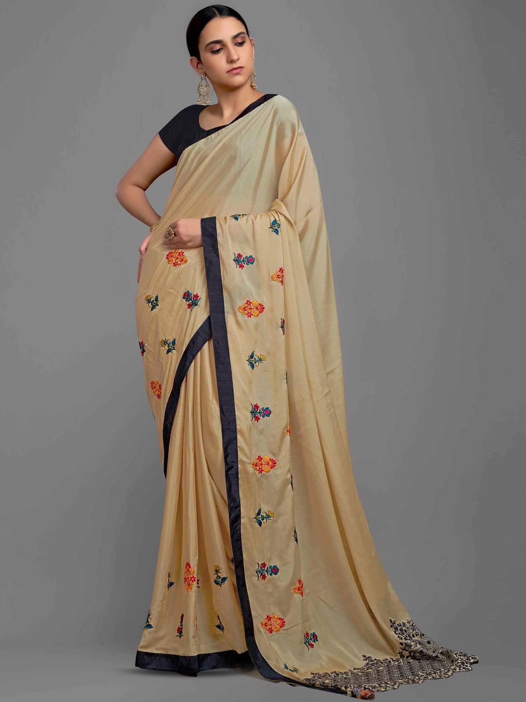 

KALINI Floral Embroidered Satin Saree, Beige