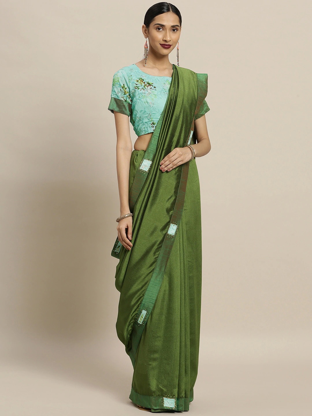 

KALINI Floral Embroidered Satin Saree, Green
