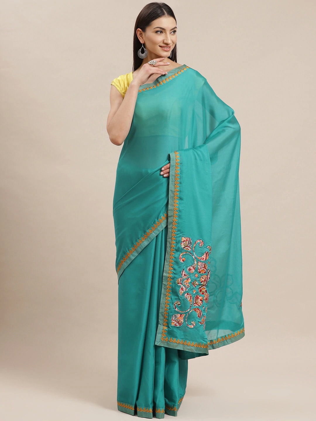

KALINI Floral Embroidered Satin Saree, Blue