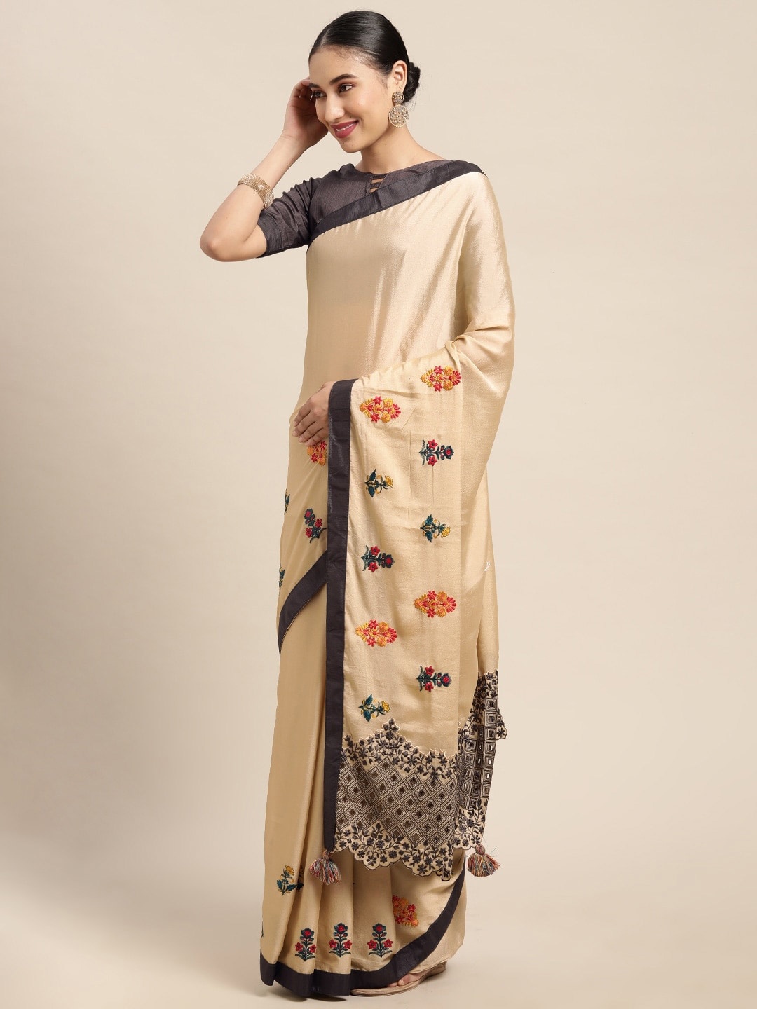 

KALINI Floral Embroidered Satin Saree, Beige