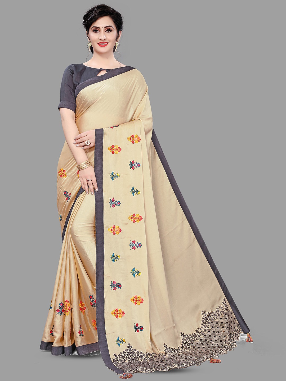 

KALINI Floral Embroidered Satin Tasseled Saree, Beige