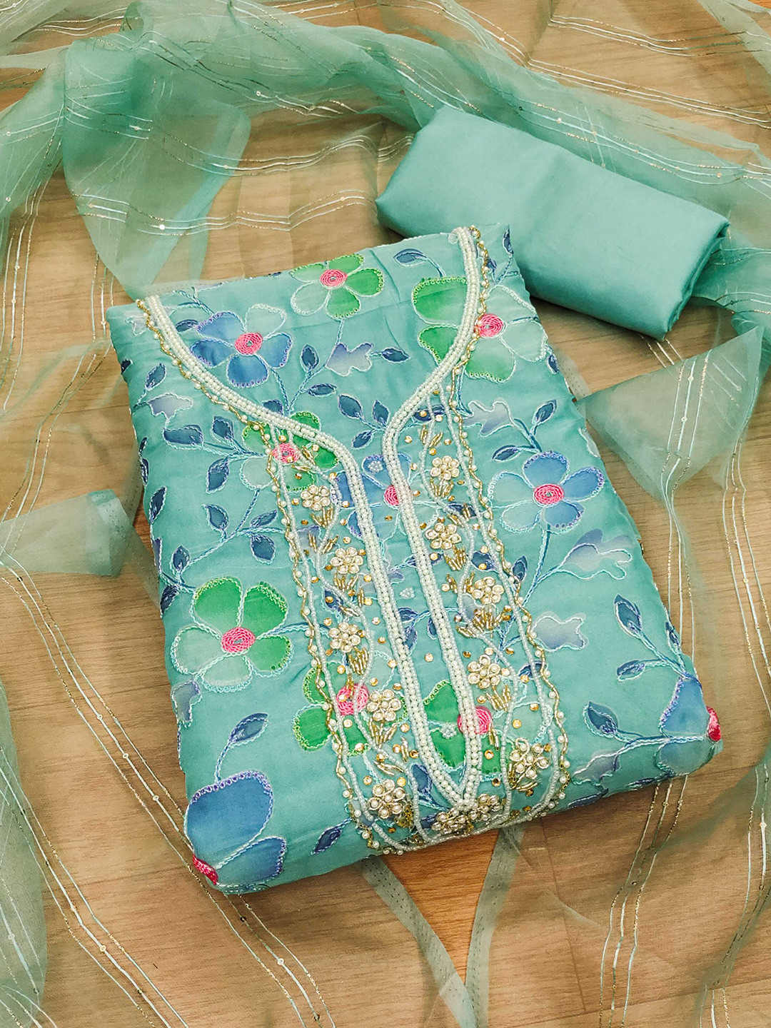 

Panzora Floral Printed Organza Unstitched Dress Material, Blue