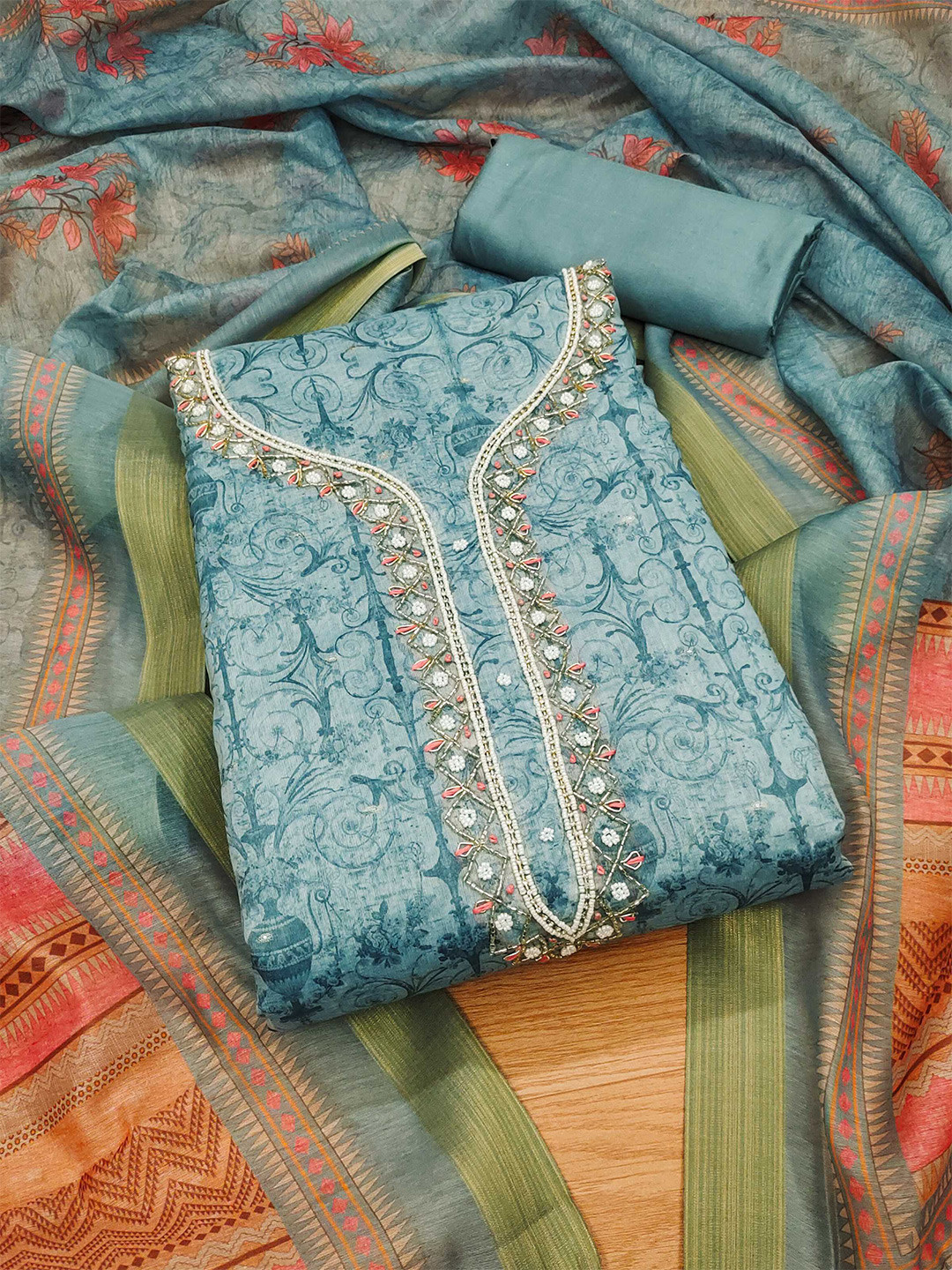 

Panzora Floral Printed Beads and Stones Unstitched Dress Material, Blue