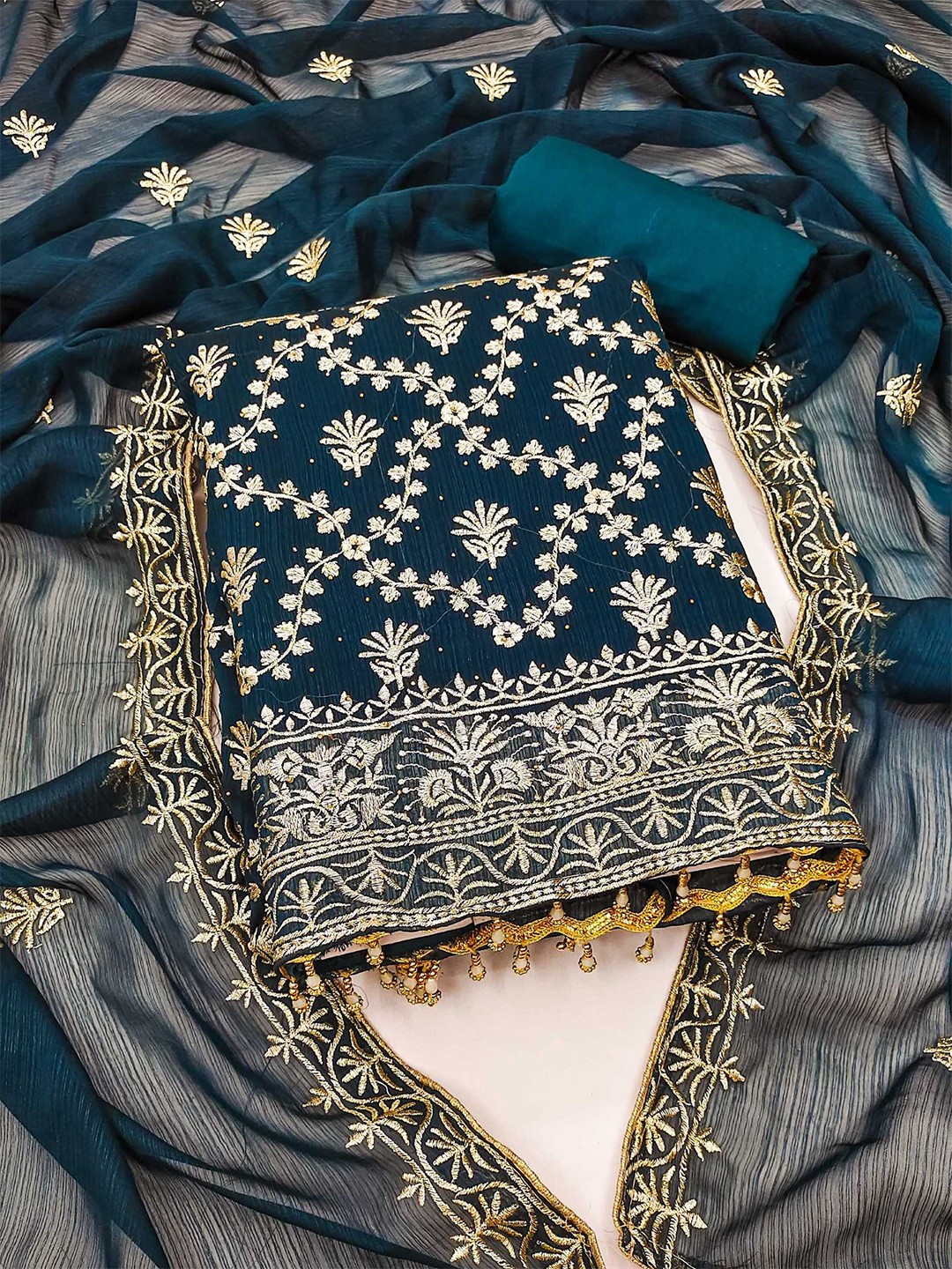 

Panzora Ethnic Motifs Embroidered Unstitched Dress Material, Teal