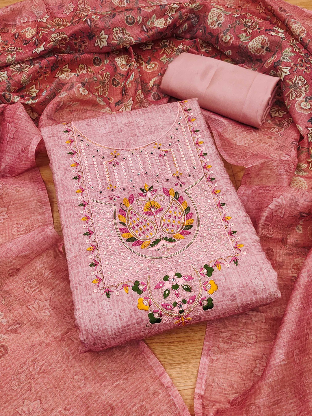 

Panzora Ethnic Motifs Printed Unstitched Dress Material, Pink