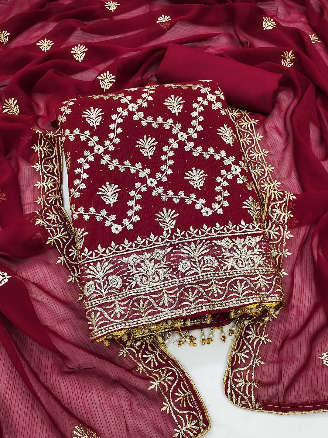 

Panzora Ethnic Motifs Embroidered Unstitched Dress Material, Maroon