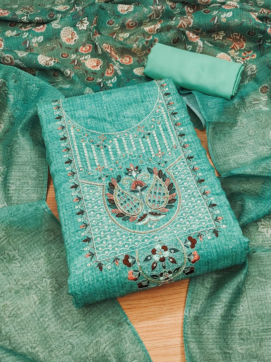 

Panzora Floral Embroidered Sequinned Unstitched Dress Material, Teal